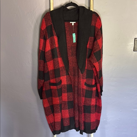 Maurices Red Buffalo Plaid Open Front Cardigan Sweater - Picture 1 of 5